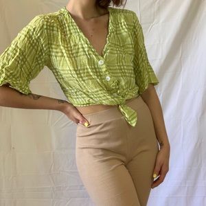 FAITHFUL THE BRAND GREEN CHECK TIE FRONT TOP